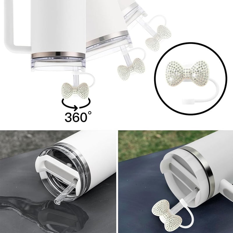 SEMATA 2PCS Cute Bow Straw Cover Cap for Stanley Cup Accessories,Bling Crystals Straw Toppers for Stanley Tumbler 40&30 oz,Rhinestone Reusable Straws Tips Protectors Compatible with 10mm Straws - Image 3